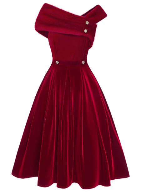 Red 1950s Off Shoulder Fur Button Velvet Dress